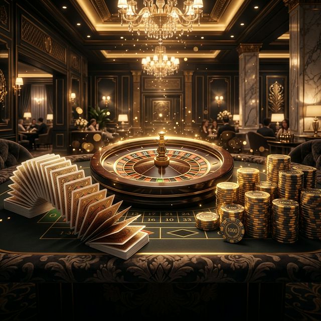 Betty Casino lobby featuring roulette wheel, playing cards, and golden poker chips